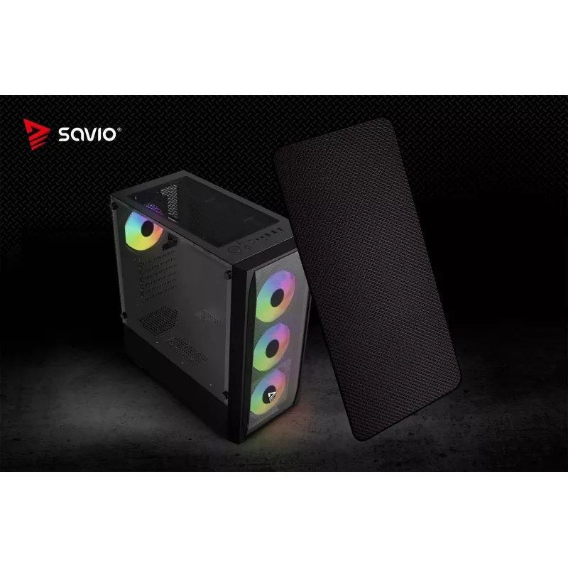 PC korpuss SAVIO Noctis Flow RGB — Cube, ATX/Mini-ITX, 3x 120 mm priekšējie ventilatori, rūdīta stikla sāns, max GPU 35 cm