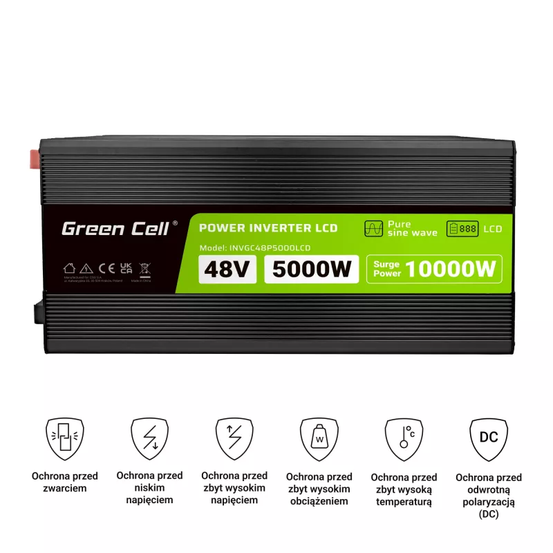 Green Cell INVGC48P5000LCD invertors 48V 5000W/10000W, tīrs sinusa vilnis, LCD ekrāns