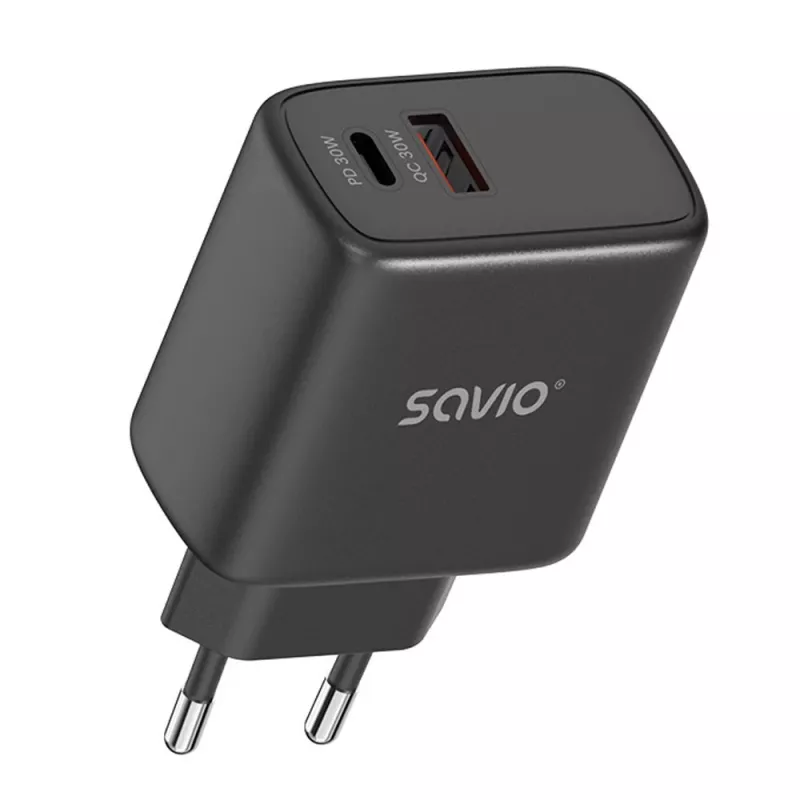 SAVIO LA-06/B 30 W sienas uzlādes ierīce, USB-A + USB-C, Quick Charge, Power Delivery 3.0, melna