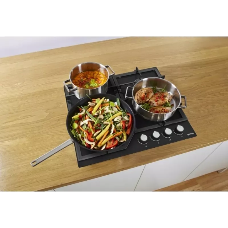 Gāzes plīts virsma Gorenje GT641KB, iebūvējama 60 cm, 4 gāzes zonas, rūdīts stikls, čuguna režģi, rotācijas pogas