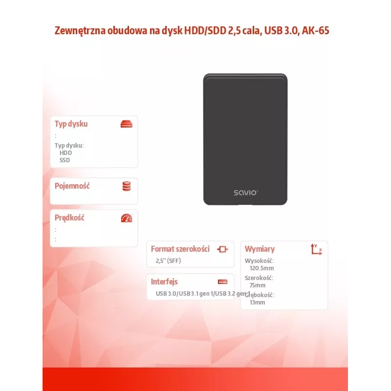 Ārējais HDD/SSD korpuss SAVIO AK-65 Melns 2.5 collu SATA USB 3.0 5 Gbit/s Micro-USB