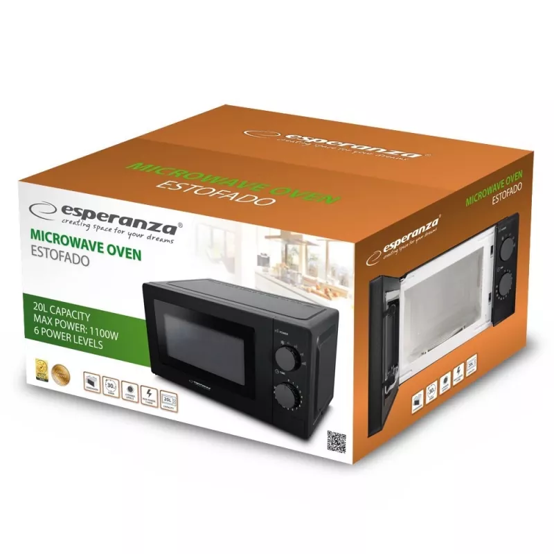 Solo mikroviļņu krāsns ESPERANZA ESTOFADO — 20 L, 700 W, 5 jaudas līmeņi, 24,5 cm pagrieziena galds, melna
