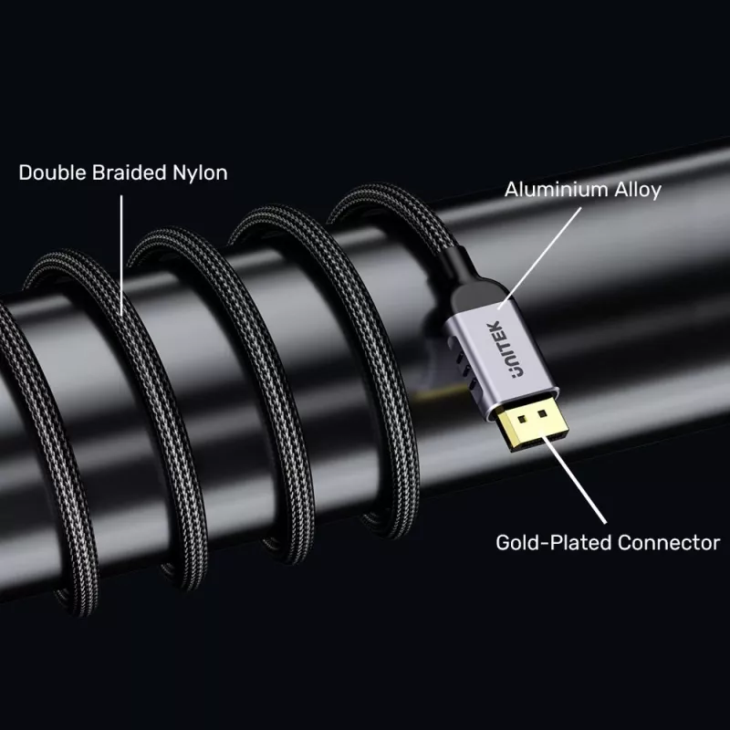 DisplayPort kabelis Unitek C1626GY01-1.5M — 1,5 m, DisplayPort 2.1, Tēviņš-Tēviņš, 360 Hz, 15360×8640, Pelēks