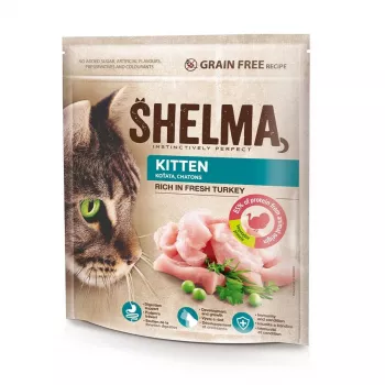 Sausā kaķu barība SHELMA Kitten tītars 750 g – pilnvērtīga granulu barība kaķēniem, 41% olbaltumvielu, 20% tauku