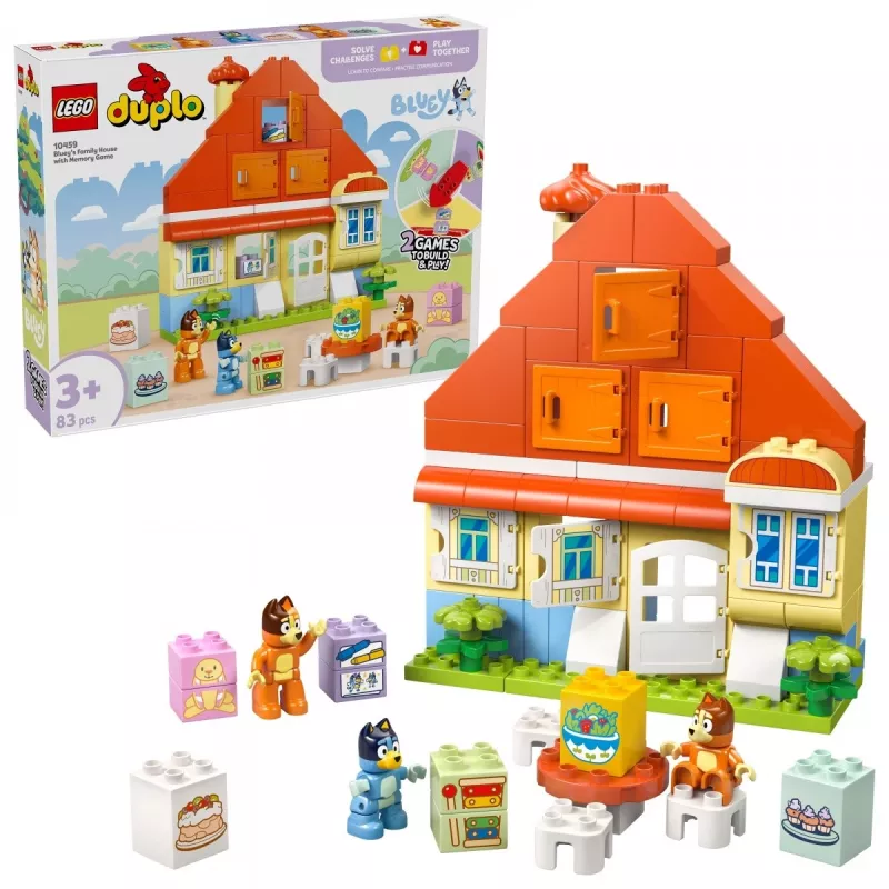 Būvniecības rotaļlieta LEGO Bluey Ģimenes māja ar atmiņas spēli 10459 — 83 gabali, 3 minifigūras, vecums 3+