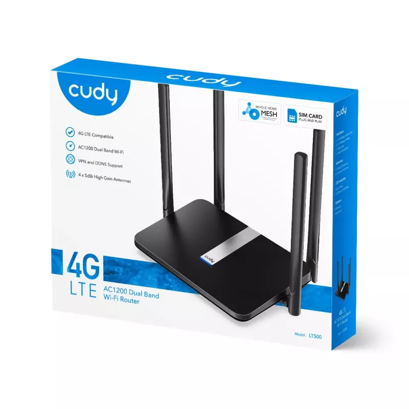 Cudy LT500 bezvadu maršrutētājs, 4G LTE, divjoslu Wi-Fi AC1200, Fast Ethernet, melns