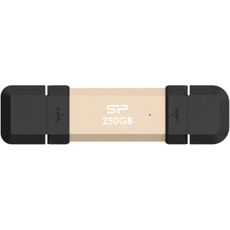 USB zibatmiņa Silicon Power DS72 250 GB, USB 3.2 Gen 2 Type-A / Type-C, alumīnijs/gumijas vāciņš, zelts