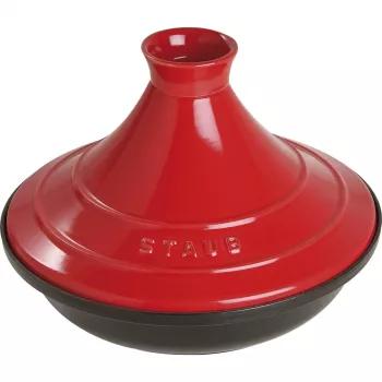 Staub Tajine 28 cm, čuguna gatavošanas trauks ar sarkan-melnu emalju
