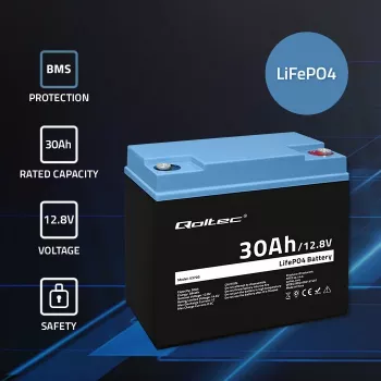 Akumulators LiFePO4 QOLTEC 12.8V 30Ah 384Wh ar BMS