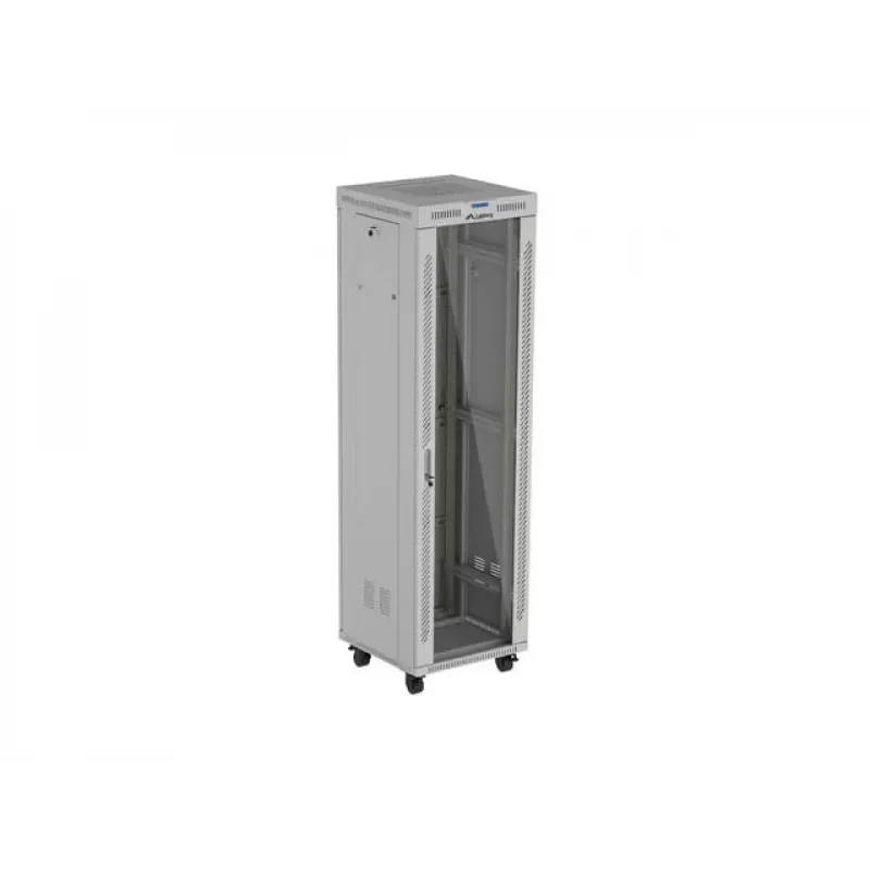 19 collu 42U LANBERG stāvošais skapis 600×600 mm Pelēks ar stikla durvīm un LCD (Flat Pack)