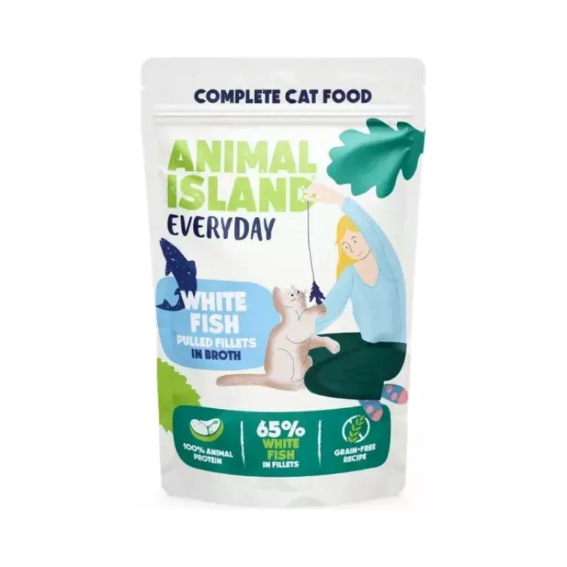 ANIMAL ISLAND Everyday Baltās zivs filejas buljonā - slapjā kaķu barība - 12 x 85g