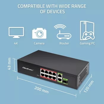QOLTEC 52297 Ethernet Switch PoE 8 porti + 2 Uplink + SFP