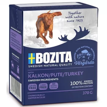 Slapjā suņu barība BOZITA Gabaliņi želejā Tītars, 370 g, pieaugušiem suņiem, proteīns 7%, tauki 5.5%