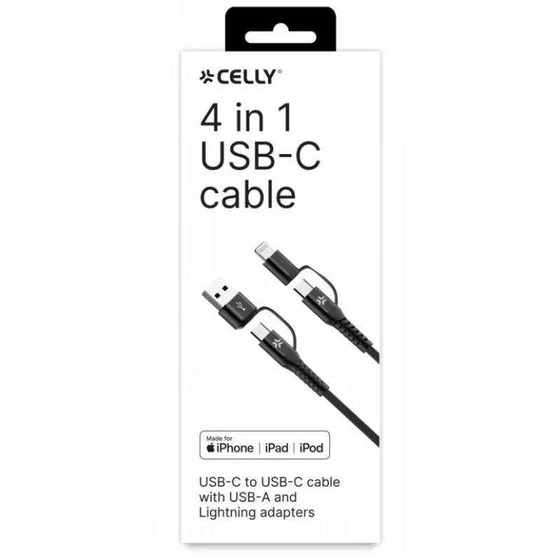 Celly 4-IN-1 kabelis A+C uz C+LIGHT 2M BK