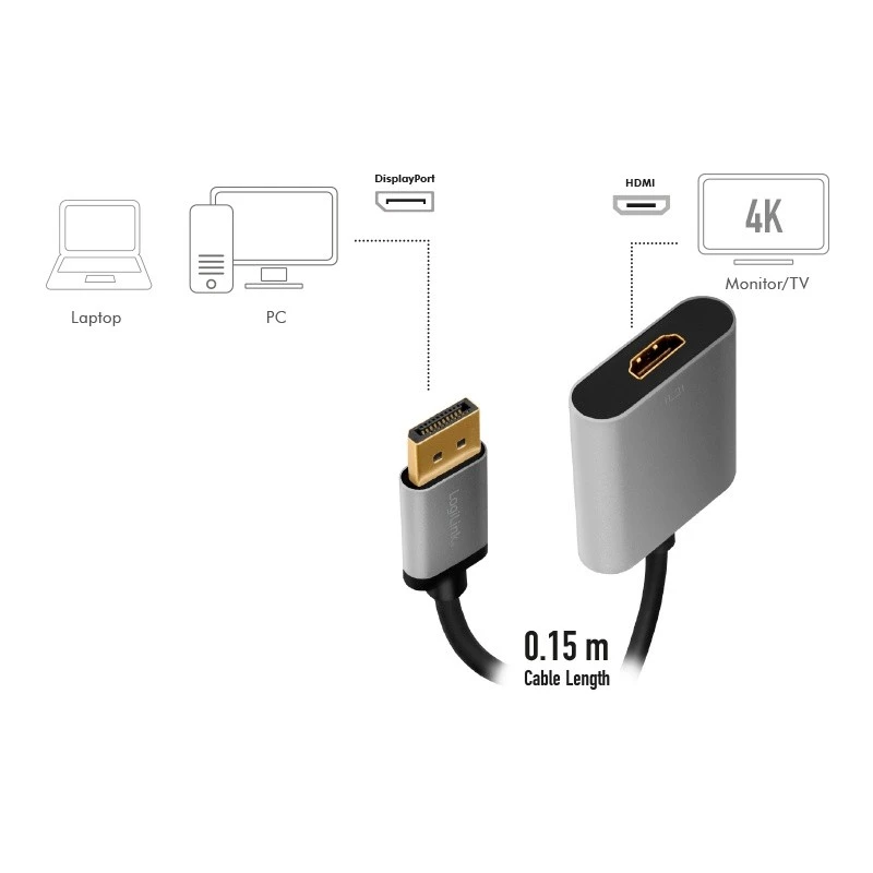 LogiLink CDA0108 video kabeļa adapteris 0.15 m DisplayPort-HDMI melns pelēks