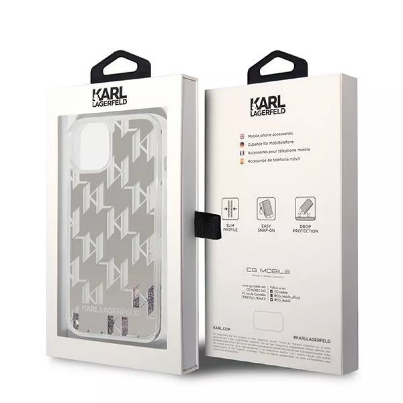 Karl Lagerfeld KLHCP14MLMNMS cietais maciņš iPhone 14 Plus 6.7 sudrabs / sudrabs Liquid Glitter Monogram