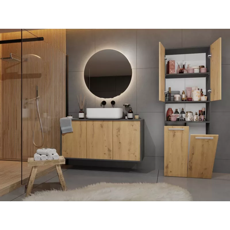 Vannas istabas skapis Top e Shop NEL 2K DK ANT/ART KP — Grafīts/Ozols, brīvi stāvošs, 600×300×1740 mm, 3 plaukti