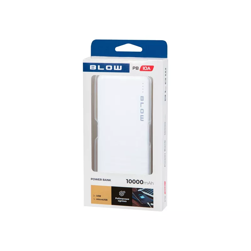 Blow PB10A jaudas banka 10000 mAh, 2x USB (1A + 2,1A), micro USB ieeja, Li-Po, balta