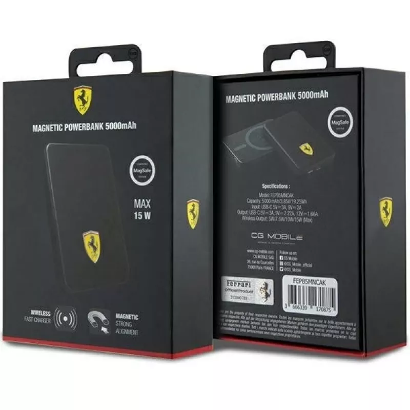 Ferrari Powerbank FEPB5MNCAK 15W 5000mAh Melns/melns Metāla Logotips MagSafe