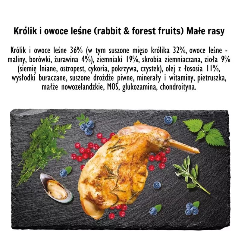 Sausā suņu barība PAKA ZWIERZAKA Trusis ar Meža Ogu S 3 kg — pieaugušiem mazām un vidējām šķirnēm, 29% olbaltumvielas, 16% tauki, bez lipekļa un sojas