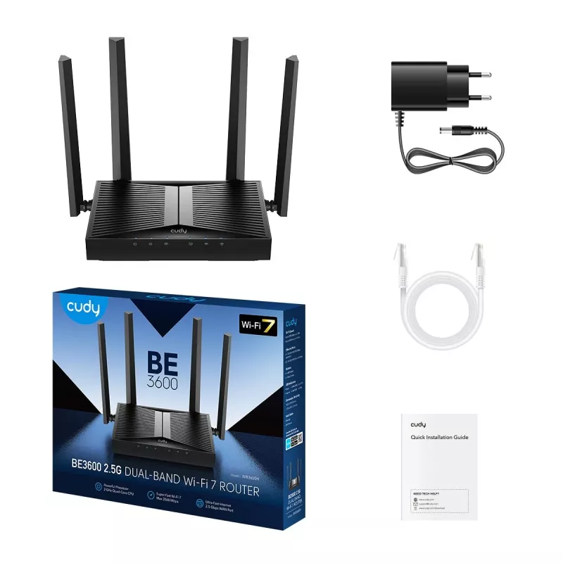 Galda maršrutētājs Cudy WR3600H Wi‑Fi 7 divjoslu 2.4/5 GHz, 2882 Mbps, Gigabit Ethernet, 4 LAN porti, 12 V DC