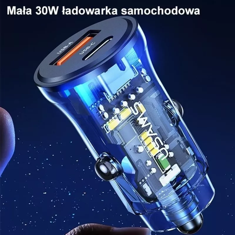 usams CC164CC01 30W auto lādētājs ar 1×USB-A un 1×USB-C ātrai uzlādei