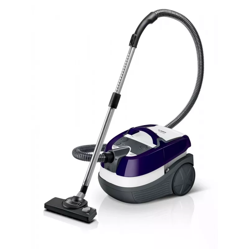 Slapjās un sausās tīrīšanas putekļsūcējs Bosch BWD 41740 AquaWash&Clean — 1700 W, 5 L tvertne, EPA filtrs, teleskopiskā caurule, 9 m rādiuss, violets
