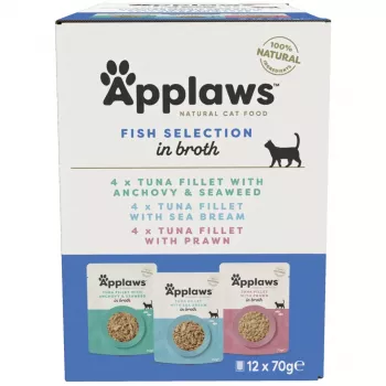 Slapjā kaķu barība Applaws Fish Selection multipack buljonā 12 x 70 g, pieaugušiem kaķiem, 83% mitrums, paciņas