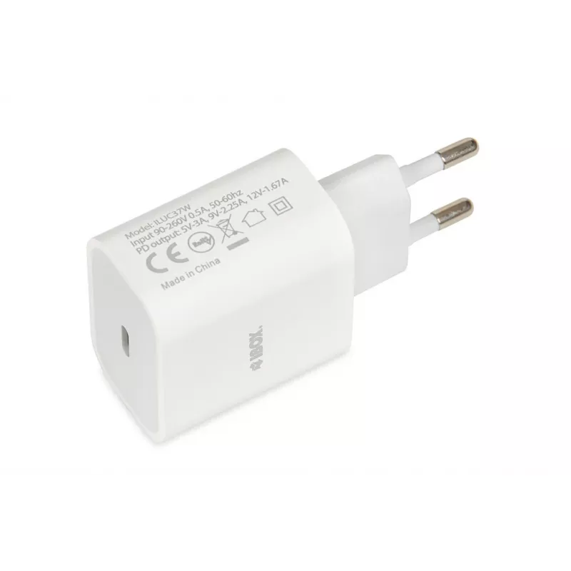 Iekštelpu USB-C ātrais lādētājs IBOX C-37, 20W, USB-C PD 3.0, 3 A izeja, Balts