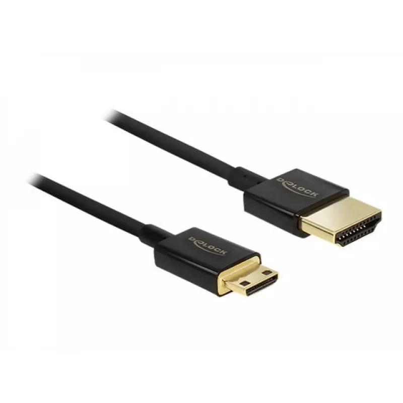DeLOCK Slim Premium HDMI kabelis, 2,0 m, HDMI (vīriešu) uz Mini-HDMI (vīriešu), 36 AWG, trīskāršā izolācija, melns (84778)
