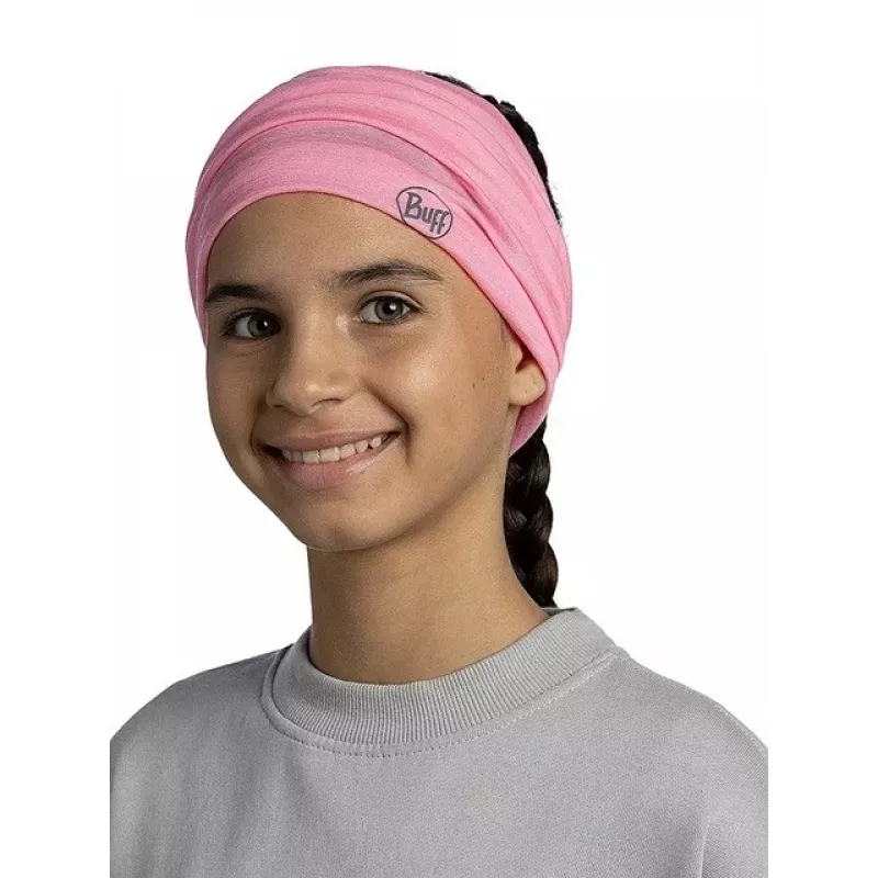 Daudzfunkcionāla bērnu bandana Buff Merino Lightweight – vienkrāsaina rozā, bezšuvju merino vilnas galvassega bērniem
