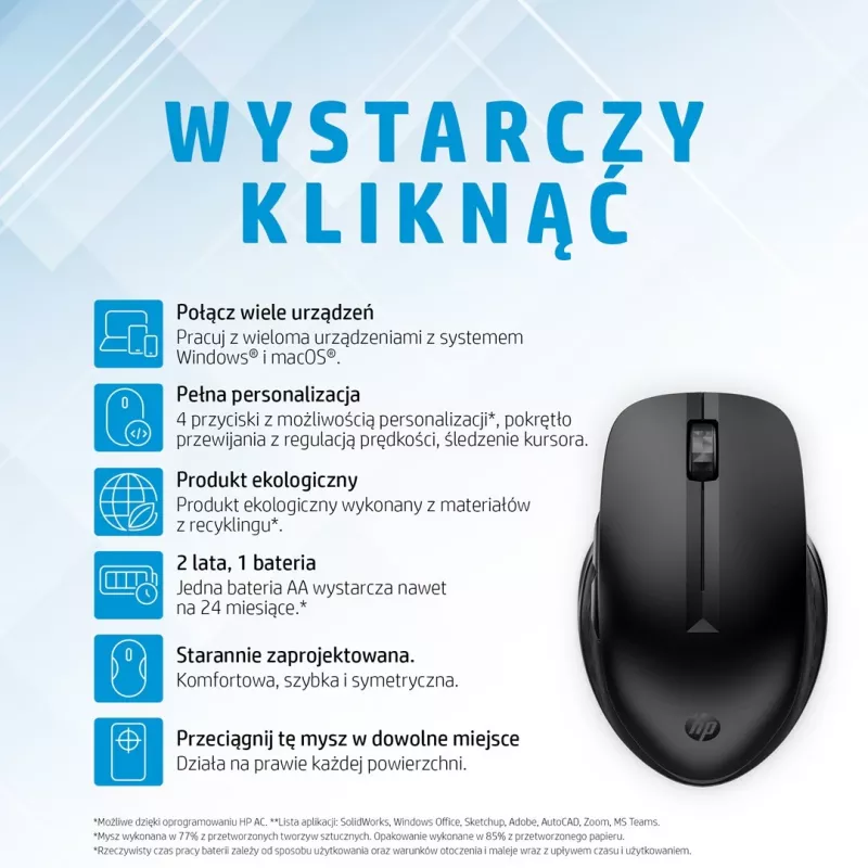 HP 435 Multi-Device Wireless Mouse, Ambidextrous, RF Wireless + Bluetooth, 4000 DPI, Melns