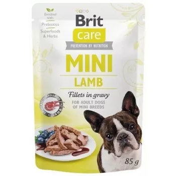 Slapjā barība suņiem Brit Mini Lamb 85 g – vienas olbaltumvielas jēra gaļas pastēte maziem pieaugušiem suņiem, bezgraudu, 85 g paciņa