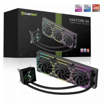 Gamemax HAILSTORM 360 LCD BK — Šķidruma dzesēšanas sistēma CPU, 360 mm radiators, LCD ekrāns, Melns
