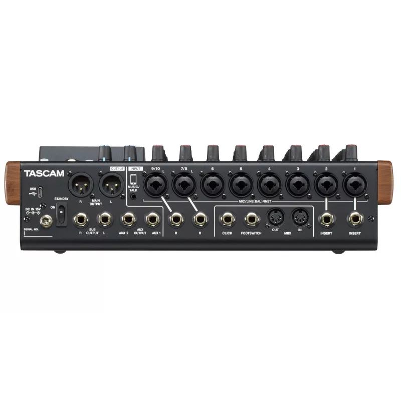 Tascam Model 12 10 kanālu mikseris ar 12 celiņu ierakstītāju, 20–20000 Hz, melns/koks
