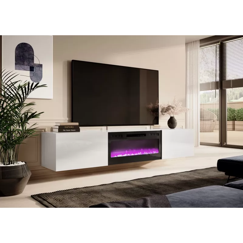 TV skapis Cama Meble SLIDE 200K ar elektrisko kamīnu 200x40x37 cm spīdīgi balts