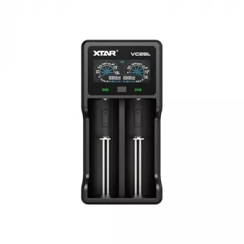 Bateriju lādētājs XTAR VC2SL — USB 5V 1A, LCD, lādē 2 baterijas, saderīgs Li‑Ion/NiMH/NiCd, izmēri A/AA/AAA/AAAA/C/D/SC, melns