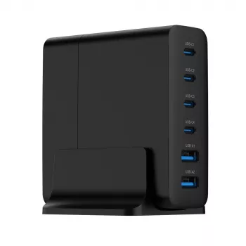 GEMBIRD TA-UC-2A4C-PD75-01-BK lādētājs — 75W, 4× USB-C + 2× USB-A, PD & QC3.0, 6 ierīču vienlaicīga uzlāde, 1,5 m kabelis, melns