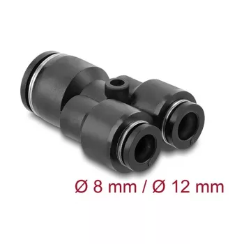 Pneimatiskais Y-savienotājs DELOCK 2×8 mm uz 1×12 mm ar montāžas caurumu, metāls/plastmasa, sieviešu vītne, 50,5 mm