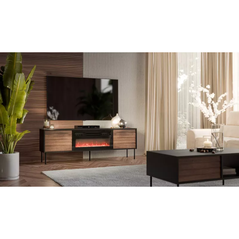 TV skapis Cama CORTINA 180x40x60 cm melns/valrieksts ar melnu elektrisko kamīnu
