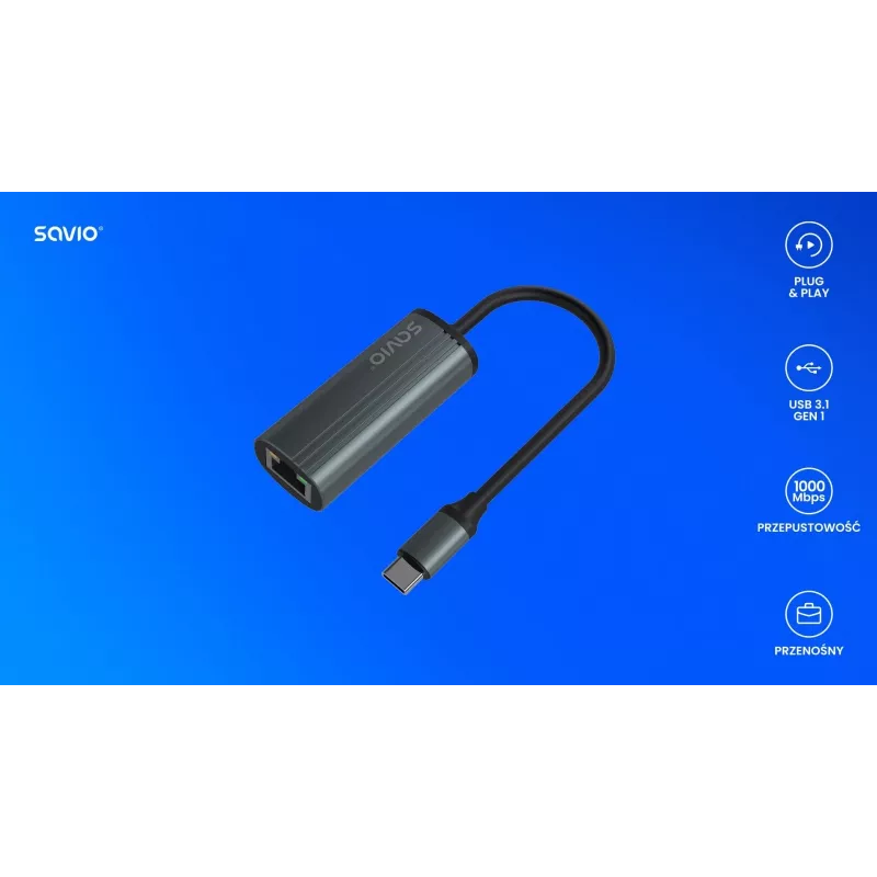 SAVIO AK-56 USB-C 3.1 Gen.1 (vīrietis) uz RJ-45 Gigabit Ethernet (sieviete), 1000 Mbps, pelēks