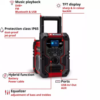 Portatīvais radio EINHELL TE-CR 18 Li DAB+ FM Bluetooth USB, akumulatora barošana