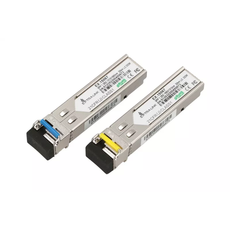 Extralink SFP WDM modulis 1.25G, 1.25Gbps, 1310/1550nm, vienmoda, 20km, LC, DOM, pāris, saderīgs ar HP/Aruba