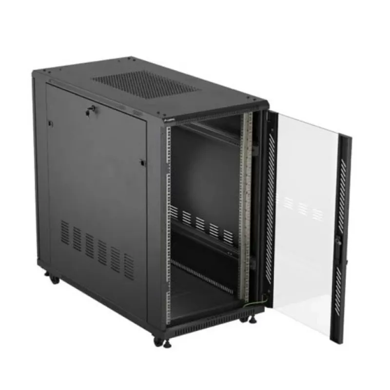 Rack skapis LANBERG FF01-6222-12B 22U 600x1200 mm melns ar stikla priekšējām un aizmugurējām durvīm
