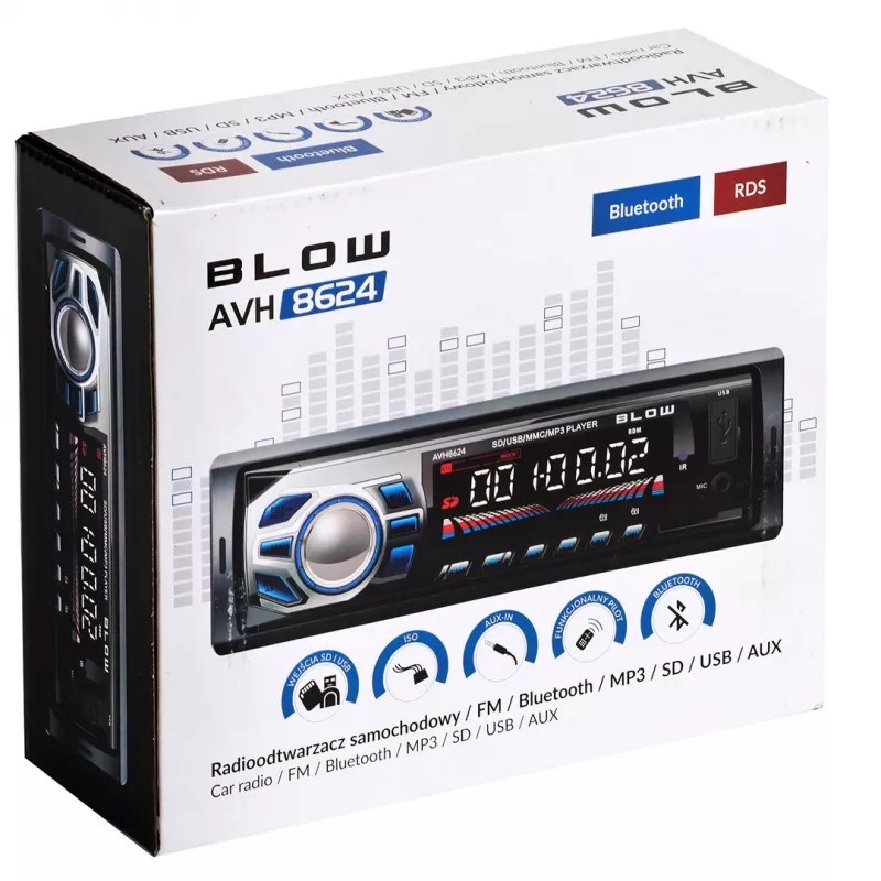 BLOW AVH-8624 auto radio, 1 DIN, FM RDS, Bluetooth, USB, SD/MMC, AUX, MP3, LCD ekrāns, tālvadības pults, melns