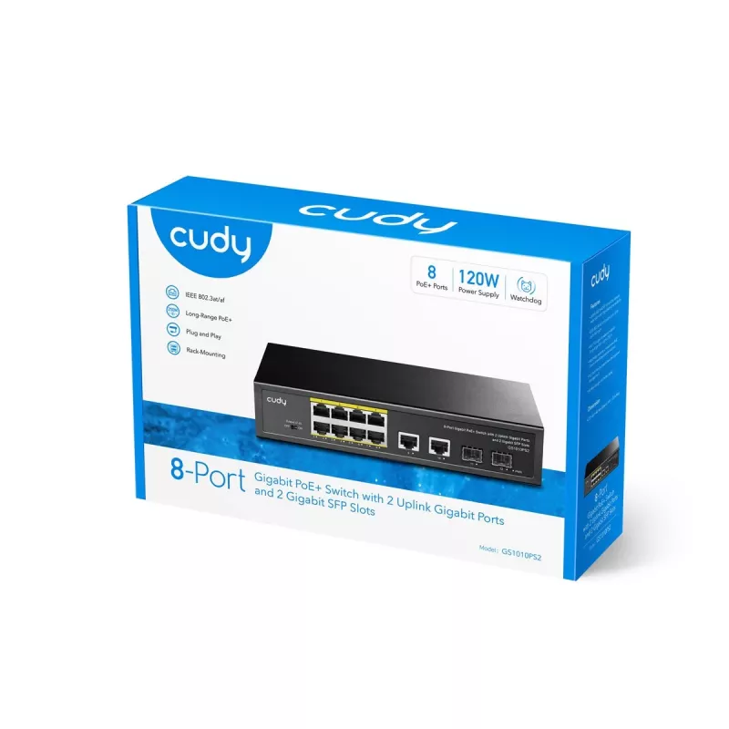 Cudy GS1010PS2 tīkla slēdzis Nepārvaldāms Gigabit Ethernet (10/100/1000) Power over Ethernet (PoE) Melns