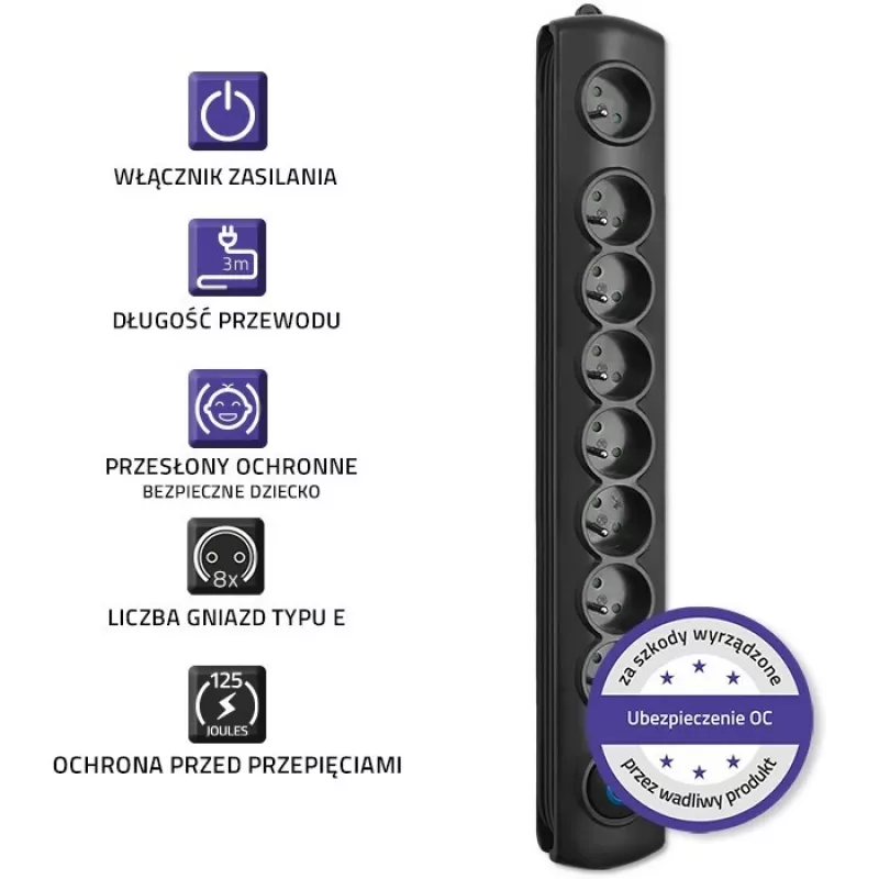 Qoltec 8 kontaktligzdu pārsprieguma aizsargs 3.0m 50114