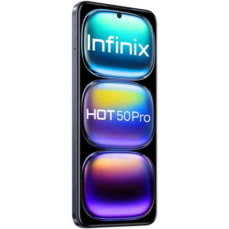 Viedtālrunis INFINIX HOT 50 PRO — 6.78 collu FHD+ ekrāns, MediaTek Helio G100 Ultra, 8 GB RAM, 256 GB, 50 MP, Android 14, 5000 mAh, Dual SIM, IP54, Melns