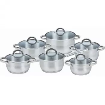Trauku komplekts Maestro MR-2120-12 — 12 daļas, nerūsējošais tērauds, nepiedegošs, piemērots indukcijai, 6 katli (16–24 cm) ar stikla vākiem