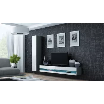 TV statīvs Cama Meble VIGO NEW 30/140/40 — 1400×400×300 mm, pelēka virsma, pelēks rāmis, balti spīdīgi priekšējie paneļi